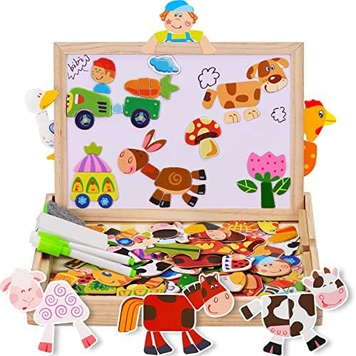 COOLJOY Puzzles de Madera Magnético, Puzzles Rompecabezas Magnéticos de Madera, Tablero de Dibujo de Doble Cara Juguete Educativo para Niños Niñas Mayores de 3 Años con Funda de Tiza 100 PCS
