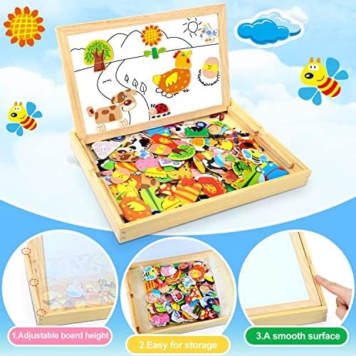 COOLJOY Puzzles de Madera Magnético, Puzzles Rompecabezas Magnéticos de Madera, Tablero de Dibujo de Doble Cara Juguete Educativo para Niños Niñas Mayores de 3 Años con Funda de Tiza 100 PCS