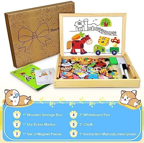 COOLJOY Puzzles de Madera Magnético, Puzzles Rompecabezas Magnéticos de Madera, Tablero de Dibujo de Doble Cara Juguete Educativo para Niños Niñas Mayores de 3 Años con Funda de Tiza 100 PCS