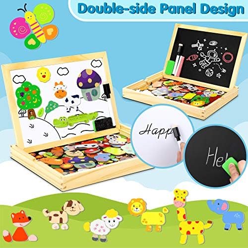 Jojoin 110 pcs Puzzles de Madera, Juguete Educativo con Pizarra Magnética para Dibujo de Doble Cara, Rompecabezas para NIños de 3 4 5 Años (Animales en Bosque)