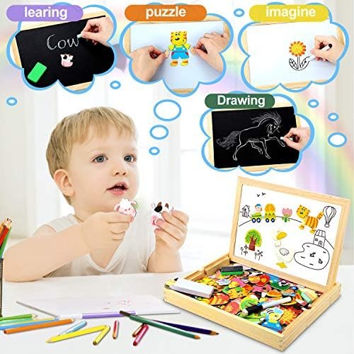 COOLJOY Puzzles de Madera Magnético, Puzzles Rompecabezas Magnéticos de Madera, Tablero de Dibujo de Doble Cara Juguete Educativo para Niños Niñas Mayores de 3 Años con Funda de Tiza 100 PCS