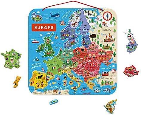 Janod - Puzle Mapa de Europa Magnético de Madera - 40 Piezas Imantadas - 45 X 45 Cm - Versión En Español - Juego Educativo A partir de 7 Años, J05474