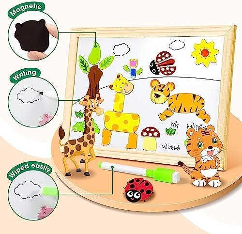 COOLJOY Puzzles Rompecabezas Magnéticos de Madera Juguete Educativo Tablero de Dibujo de Doble Cara para Niños Niña 3 Años 4 Años 5 Años - Acerca de 100 Piezas (Animal)