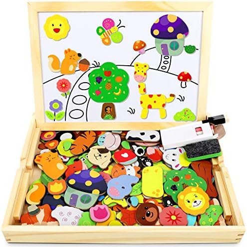 Jojoin 110 pcs Puzzles de Madera, Juguete Educativo con Pizarra Magnética para Dibujo de Doble Cara, Rompecabezas para NIños de 3 4 5 Años (Animales en Bosque)