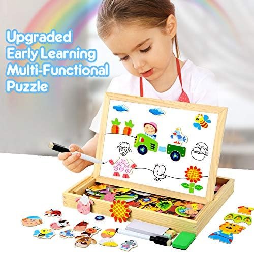COOLJOY Puzzles de Madera Magnético, Puzzles Rompecabezas Magnéticos de Madera, Tablero de Dibujo de Doble Cara Juguete Educativo para Niños Niñas Mayores de 3 Años con Funda de Tiza 100 PCS