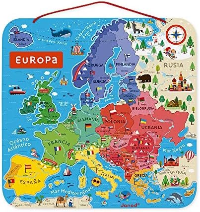 Janod - Puzle Mapa de Europa Magnético de Madera - 40 Piezas Imantadas - 45 X 45 Cm - Versión En Español - Juego Educativo A partir de 7 Años, J05474