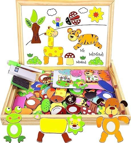 COOLJOY Puzzles Rompecabezas Magnéticos de Madera Juguete Educativo Tablero de Dibujo de Doble Cara para Niños Niña 3 Años 4 Años 5 Años - Acerca de 100 Piezas (Animal)