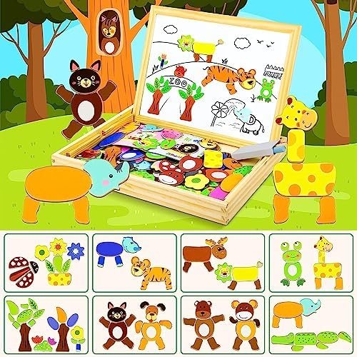 COOLJOY Puzzles Rompecabezas Magnéticos de Madera Juguete Educativo Tablero de Dibujo de Doble Cara para Niños Niña 3 Años 4 Años 5 Años - Acerca de 100 Piezas (Animal)