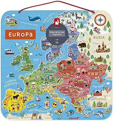 Janod - Puzle Mapa de Europa Magnético de Madera - 40 Piezas Imantadas - 45 X 45 Cm - Versión En Español - Juego Educativo A partir de 7 Años, J05474