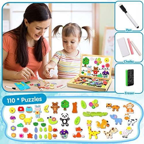 Jojoin 110 pcs Puzzles de Madera, Juguete Educativo con Pizarra Magnética para Dibujo de Doble Cara, Rompecabezas para NIños de 3 4 5 Años (Animales en Bosque)