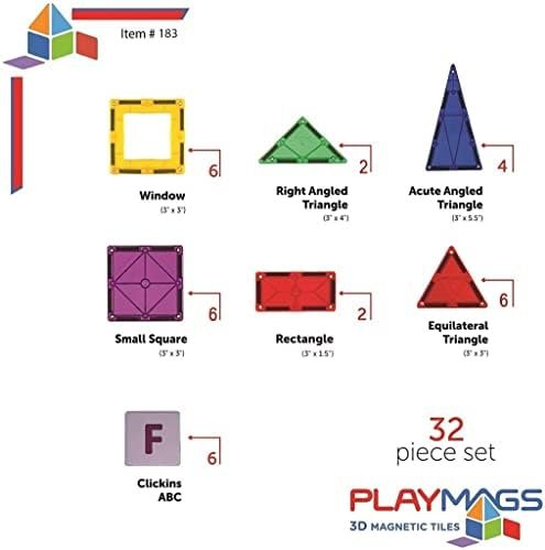 Playmags Juego de Azulejos de Colores de 32 Piezas, Azulejos de construcción magnéticos únicos galardonados, Creatividad y Juguetes educativos de construcción para niños, Aprobado por Stem