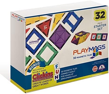 Playmags Juego de Azulejos de Colores de 32 Piezas, Azulejos de construcción magnéticos únicos galardonados, Creatividad y Juguetes educativos de construcción para niños, Aprobado por Stem