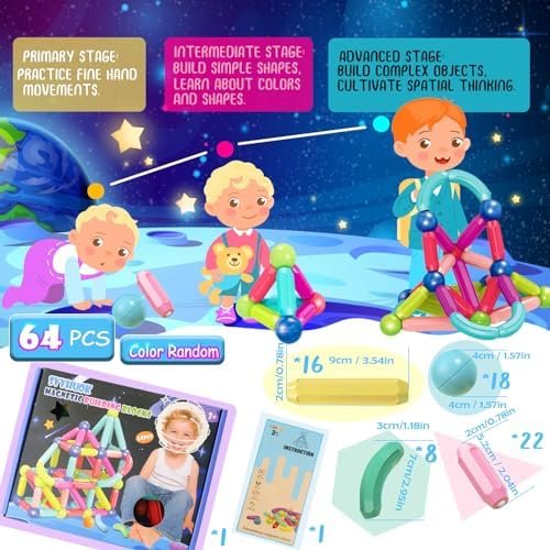 SVYHUOK Bloques Construccion Niños Magnéticos 64 Piezas Juguetes 3D Educativos, Juegos de Imanes Sets para Liberar la Creatividad，Magnetic Building Blocks para Regalos Niñas Chico