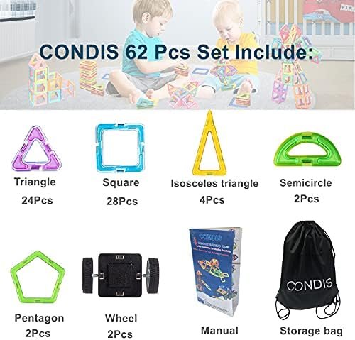 CONDIS 62 Piezas Bloques de Construcción Magnéticos, Juguetes Niños de 3 4 5 6 7 8 Años Juegos Educativos Viaje Juego de Imanes Montessori Regalos