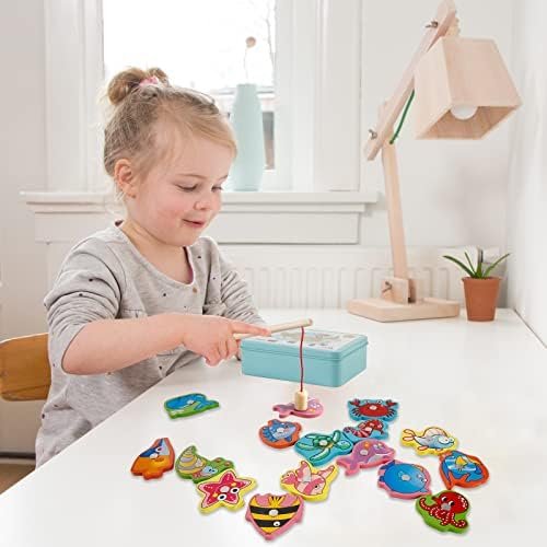Juguetes de Madera Juego de Pesca, Victse Juegos Montessori Niños 2 Años Juego de Pesca Magnética, Niño de Madera Educativo Juguete, Juegos Niños para Desarrollo (Azul)
