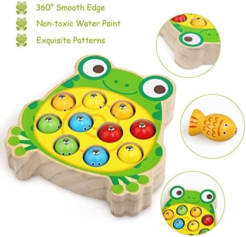 JoyPlus Juguetes Educativos Montessori, Juego de Pesca Magnético, Madera, Regalo Cumpleaños para Niños 2-5 Años (Rana)
