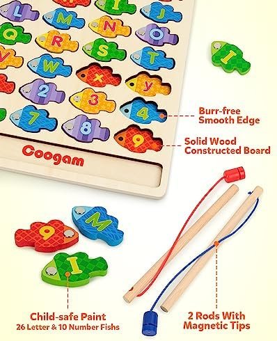 Coogam Juego de pesca con números magnéticos del alfabeto, letras ABC de madera, rompecabezas a juego de colores, juguete educativo Montessori de motor fino para niños preescolares de 3, 4, 5 años