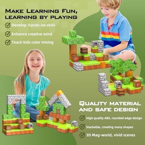 JauniQ Bloques magnéticos, Juego de Mundo magnético Build Mine, Juguetes para niños y niñas de 3, 4, 5, 6, 7, 8 años, Juguetes sensoriales Stem para niños pequeños