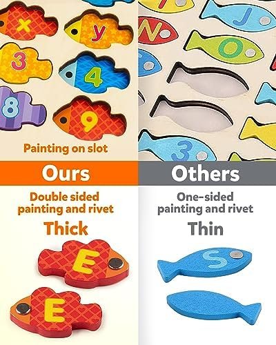 Coogam Juego de pesca con números magnéticos del alfabeto, letras ABC de madera, rompecabezas a juego de colores, juguete educativo Montessori de motor fino para niños preescolares de 3, 4, 5 años