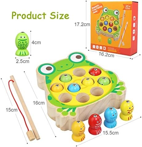 JoyPlus Juguetes Educativos Montessori, Juego de Pesca Magnético, Madera, Regalo Cumpleaños para Niños 2-5 Años (Rana)