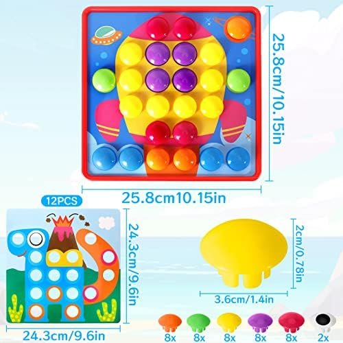 AOUVT Juguetes Montessori de Colores Mosaico, Juegos Educativos Tempranos, Regalos para Niños de 2 3 4 Años- 12 Cartas y 50 Botones