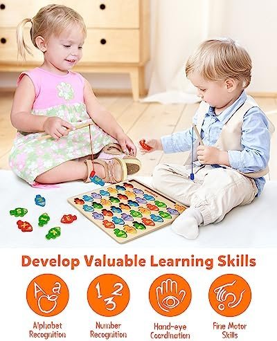 Coogam Juego de pesca con números magnéticos del alfabeto, letras ABC de madera, rompecabezas a juego de colores, juguete educativo Montessori de motor fino para niños preescolares de 3, 4, 5 años