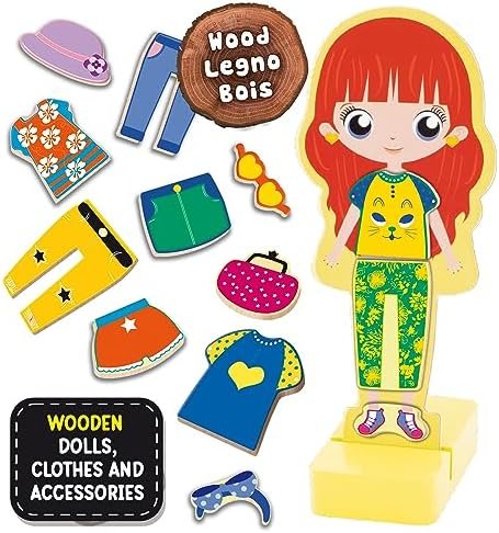 LISCIANI - Montessori Fashion Doll - para niños a Partir de 4 años - Viste Tus muñecas de Madera con 26 Ropas magnéticas a Elegir - Armario 3D y Soporte - Juego Montessori