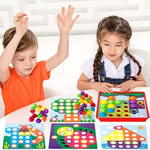 AOUVT Juguetes Montessori de Colores Mosaico, Juegos Educativos Tempranos, Regalos para Niños de 2 3 4 Años- 12 Cartas y 50 Botones