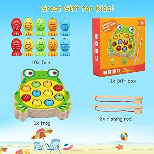 JoyPlus Juguetes Educativos Montessori, Juego de Pesca Magnético, Madera, Regalo Cumpleaños para Niños 2-5 Años (Rana)