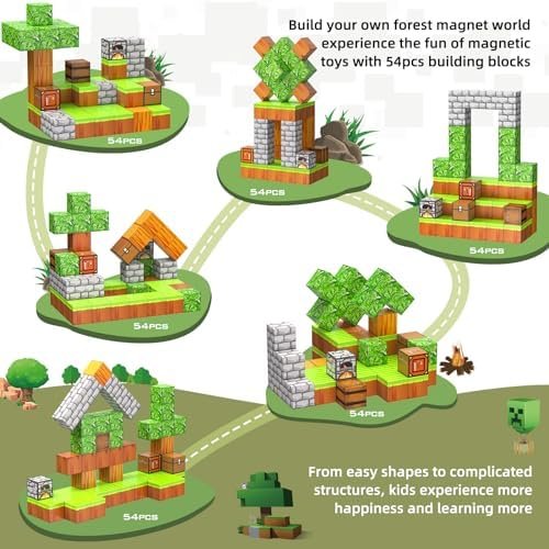 JauniQ Bloques magnéticos, Juego de Mundo magnético Build Mine, Juguetes para niños y niñas de 3, 4, 5, 6, 7, 8 años, Juguetes sensoriales Stem para niños pequeños