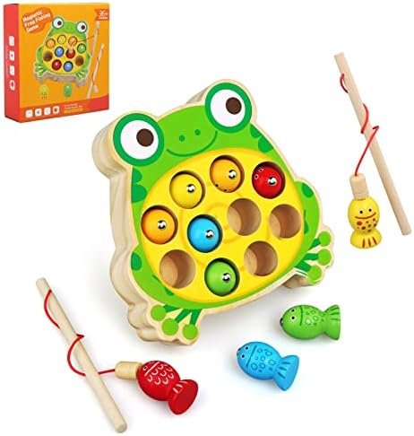 JoyPlus Juguetes Educativos Montessori, Juego de Pesca Magnético, Madera, Regalo Cumpleaños para Niños 2-5 Años (Rana)
