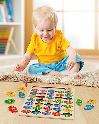 Coogam Juego de pesca con números magnéticos del alfabeto, letras ABC de madera, rompecabezas a juego de colores, juguete educativo Montessori de motor fino para niños preescolares de 3, 4, 5 años