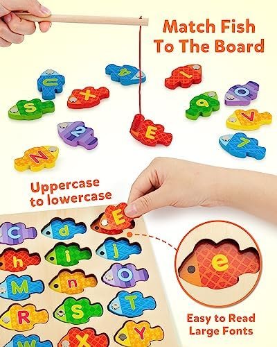 Coogam Juego de pesca con números magnéticos del alfabeto, letras ABC de madera, rompecabezas a juego de colores, juguete educativo Montessori de motor fino para niños preescolares de 3, 4, 5 años