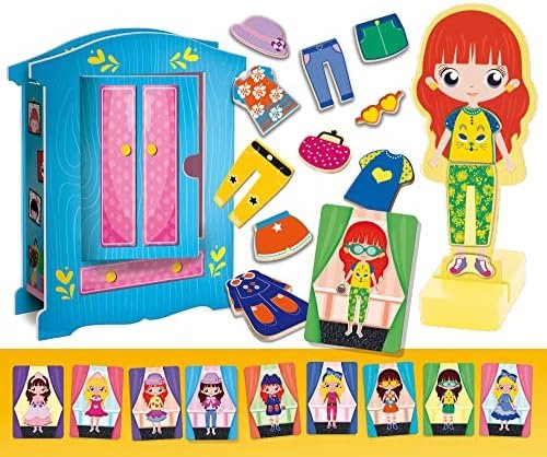 LISCIANI - Montessori Fashion Doll - para niños a Partir de 4 años - Viste Tus muñecas de Madera con 26 Ropas magnéticas a Elegir - Armario 3D y Soporte - Juego Montessori