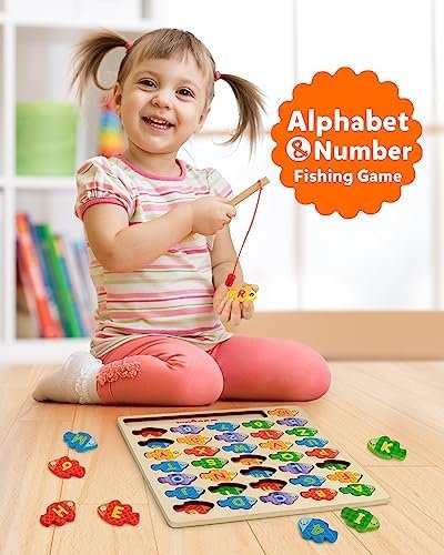 Coogam Juego de pesca con números magnéticos del alfabeto, letras ABC de madera, rompecabezas a juego de colores, juguete educativo Montessori de motor fino para niños preescolares de 3, 4, 5 años