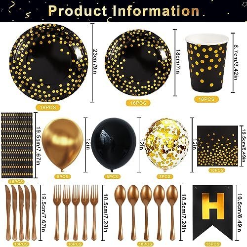 AOUVT Juego de Vajilla de Fiesta de Cumpleaños de oro Negro, 16 Invitados Kit de Fiesta de Cumpleaños Temático, Decoración de Fiesta de Cumpleaños para Niños con Globos, Platos, Pañuelos, Pancarta