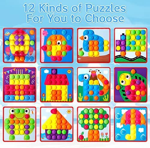AOUVT Juguetes Montessori de Colores Mosaico, Juegos Educativos Tempranos, Regalos para Niños de 2 3 4 Años- 12 Cartas y 50 Botones