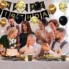 AOUVT Juego de Vajilla de Fiesta de Cumpleaños de oro Negro, 16 Invitados Kit de Fiesta de Cumpleaños Temático, Decoración de Fiesta de Cumpleaños para Niños con Globos, Platos, Pañuelos, Pancarta