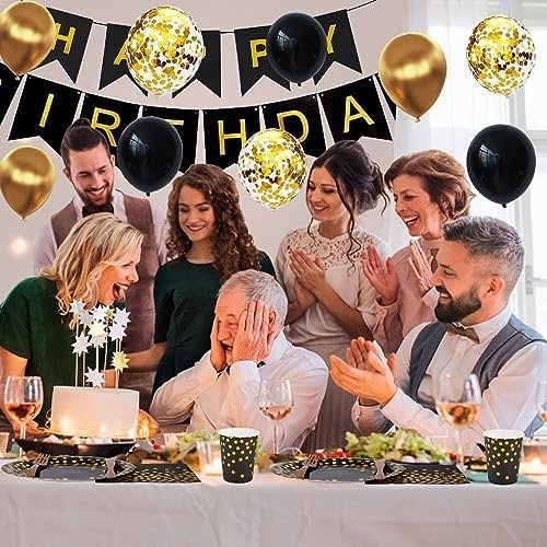 AOUVT Juego de Vajilla de Fiesta de Cumpleaños de oro Negro, 16 Invitados Kit de Fiesta de Cumpleaños Temático, Decoración de Fiesta de Cumpleaños para Niños con Globos, Platos, Pañuelos, Pancarta