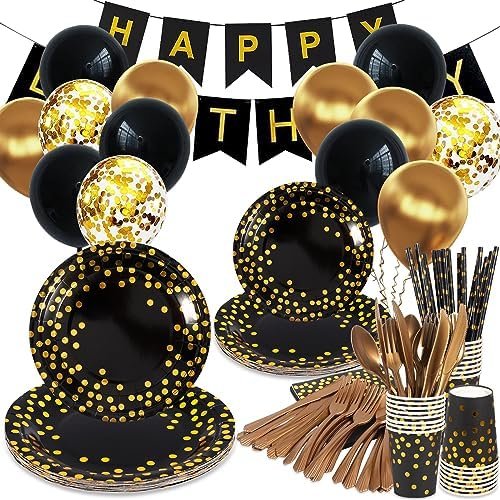 AOUVT Juego de Vajilla de Fiesta de Cumpleaños de oro Negro, 16 Invitados Kit de Fiesta de Cumpleaños Temático, Decoración de Fiesta de Cumpleaños para Niños con Globos, Platos, Pañuelos, Pancarta
