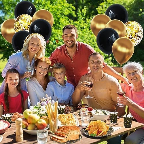 AOUVT Juego de Vajilla de Fiesta de Cumpleaños de oro Negro, 16 Invitados Kit de Fiesta de Cumpleaños Temático, Decoración de Fiesta de Cumpleaños para Niños con Globos, Platos, Pañuelos, Pancarta