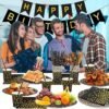 AOUVT Juego de Vajilla de Fiesta de Cumpleaños de oro Negro, 16 Invitados Kit de Fiesta de Cumpleaños Temático, Decoración de Fiesta de Cumpleaños para Niños con Globos, Platos, Pañuelos, Pancarta