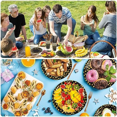 AOUVT Juego de Vajilla de Fiesta de Cumpleaños de oro Negro, 16 Invitados Kit de Fiesta de Cumpleaños Temático, Decoración de Fiesta de Cumpleaños para Niños con Globos, Platos, Pañuelos, Pancarta
