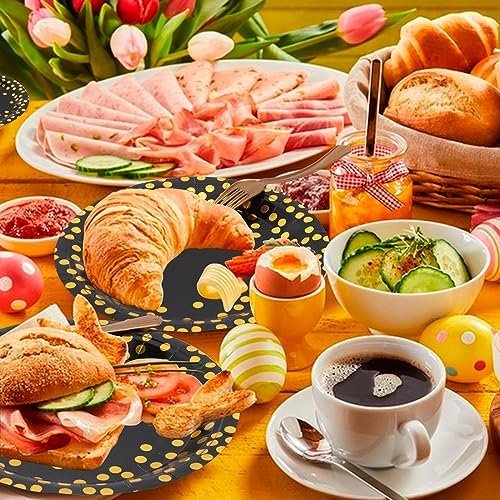 AOUVT Juego de Vajilla de Fiesta de Cumpleaños de oro Negro, 16 Invitados Kit de Fiesta de Cumpleaños Temático, Decoración de Fiesta de Cumpleaños para Niños con Globos, Platos, Pañuelos, Pancarta