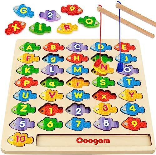 Coogam Juego de pesca con números magnéticos del alfabeto, letras ABC de madera, rompecabezas a juego de colores, juguete educativo Montessori de motor fino para niños preescolares de 3, 4, 5 años
