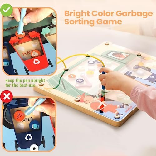 TOP BRIGHT Tablero de laberinto magnético Montessori juguetes para niños de 3 a 5 años, juego de clasificación de imanes de basura de madera, juguetes educativos, juguete de viaje para niños pequeños,