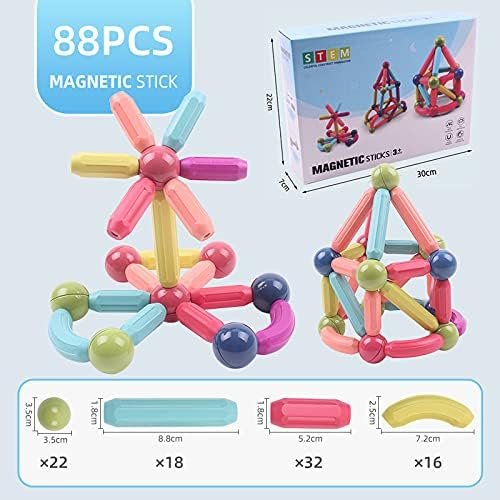 88 Bolas magnéticas, Juego de Palos de construcción magnéticos, Azulejos de Bloques de construcción, Juguetes apilables Stem para niños a Partir de 3 años (88 Piezas)