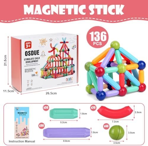 OSDUE 136PCS Juegos de Bloques de Construcción Magnéticos, Juguetes de Varillas Magnéticas, Juegos Educativos de Bloques de Construcción Magnéticos, Juguetes Montessori, Jjuegos de Juguetes Educativos