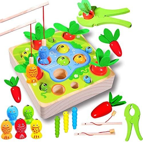 Felly Juguetes Montessori 1 Año, Juguetes de Madera Rompecabezas Zanahorias Clasificación Juego de Pesca Juguetes Educativos Niños, Temprano Regalo de Cumpleaños Navidad para Bebés de 1-3 años