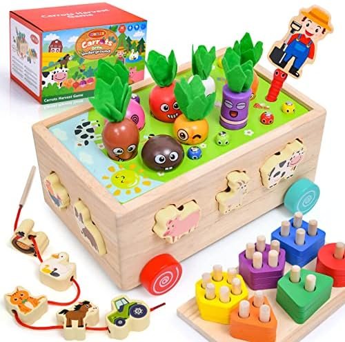 6 in 1 Juguetes Montessori de Madera 1 2 3 Años, Colores Formas Clasificar& Juguetes para apilar y Encajar &Juguete de enhebrar&Juegos magnéticos&Animales de Granja, Juguete Educativo para Bebé Niños